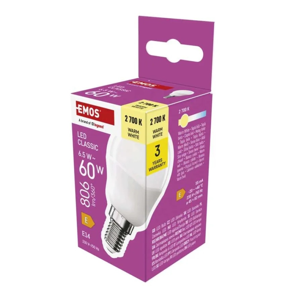 LED izzó Classic Mini Globe / E14 / 6,5 W (60 W) / 806 lm / meleg fehér