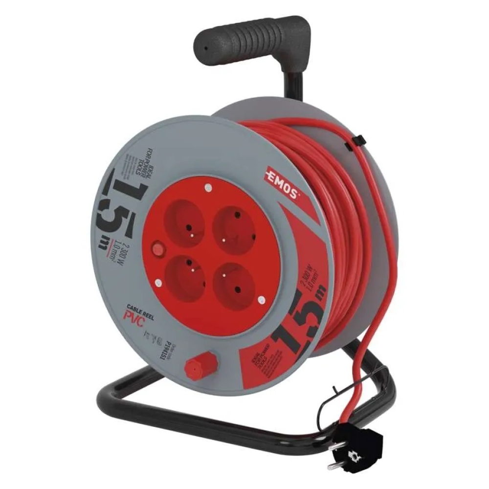 Hosszabbító kábel dobon 15 m / 4 aljzat / piros / PVC / 230 V / 1 mm2