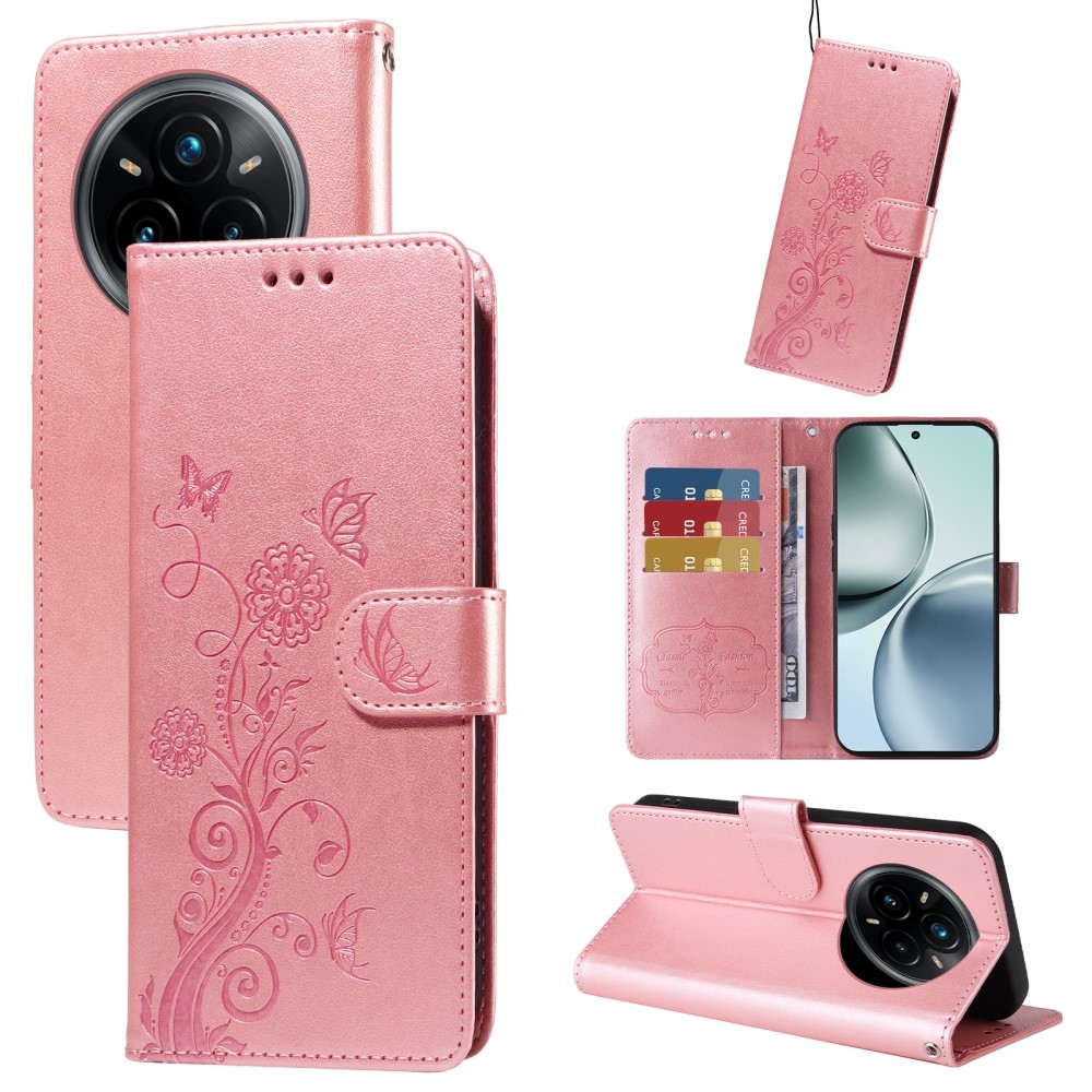 Virágos könyvtáska a Realme 14 Pro+ 5G készülékhez - rózsaszín