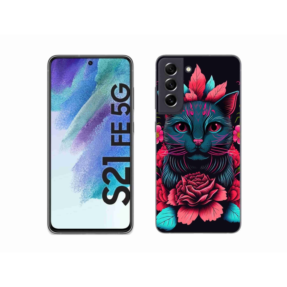 Gél borítás mmCase Samsung Galaxy S21 FE 5G - virágok és macska