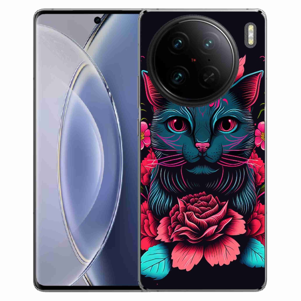 Zselés borító mmCase a Vivo X90 Pro-hoz - virágok és macska