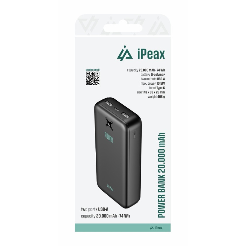 iPEAX Powerbank 20 000 mAh 10,5W 2x USB-A, fekete