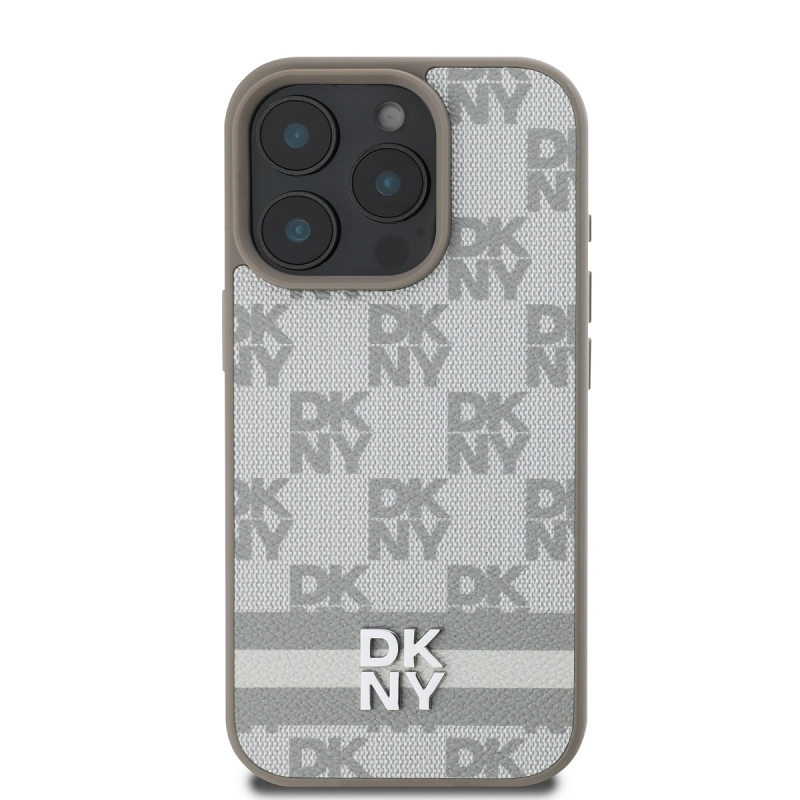 DKNY PU bőr kockás mintás és csíkos hátlapi borító iPhone 16 Pro Max bézs színűre