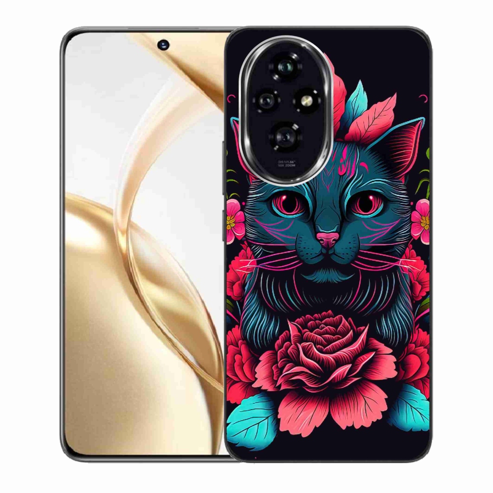 Zselés borító mmCase a Honor 200 5G készülékhez - virágok és macska