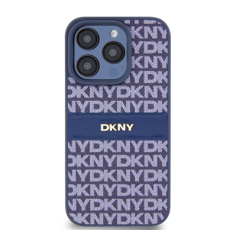 DKNY PU bőr ismétlődő mintás tonális csíkos hátlapi borító iPhone 15 Pro kékhez