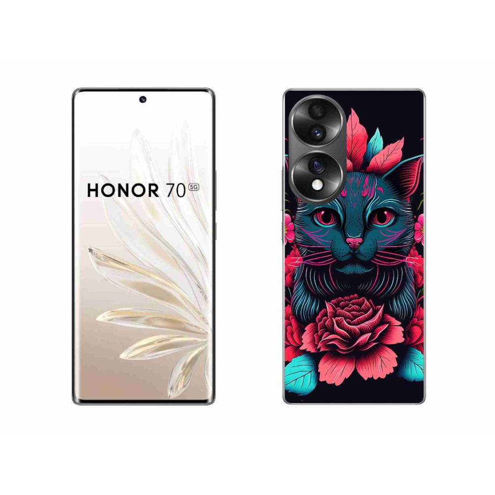 Zselés borító mmCase a Honor 70-hez - virágok és macska