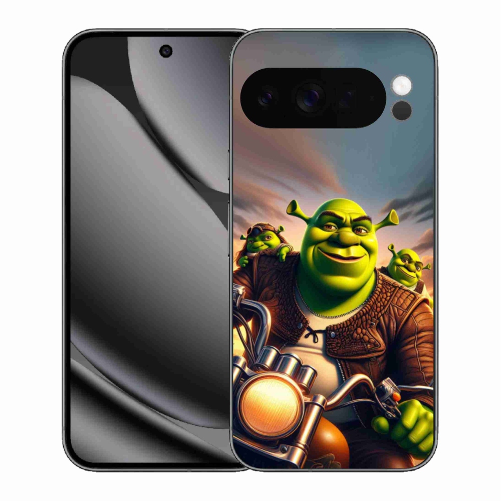 Zselés borítás mmCase a Google Pixel 10 Pro XL-hez - Shrek egy motorkerékpáron