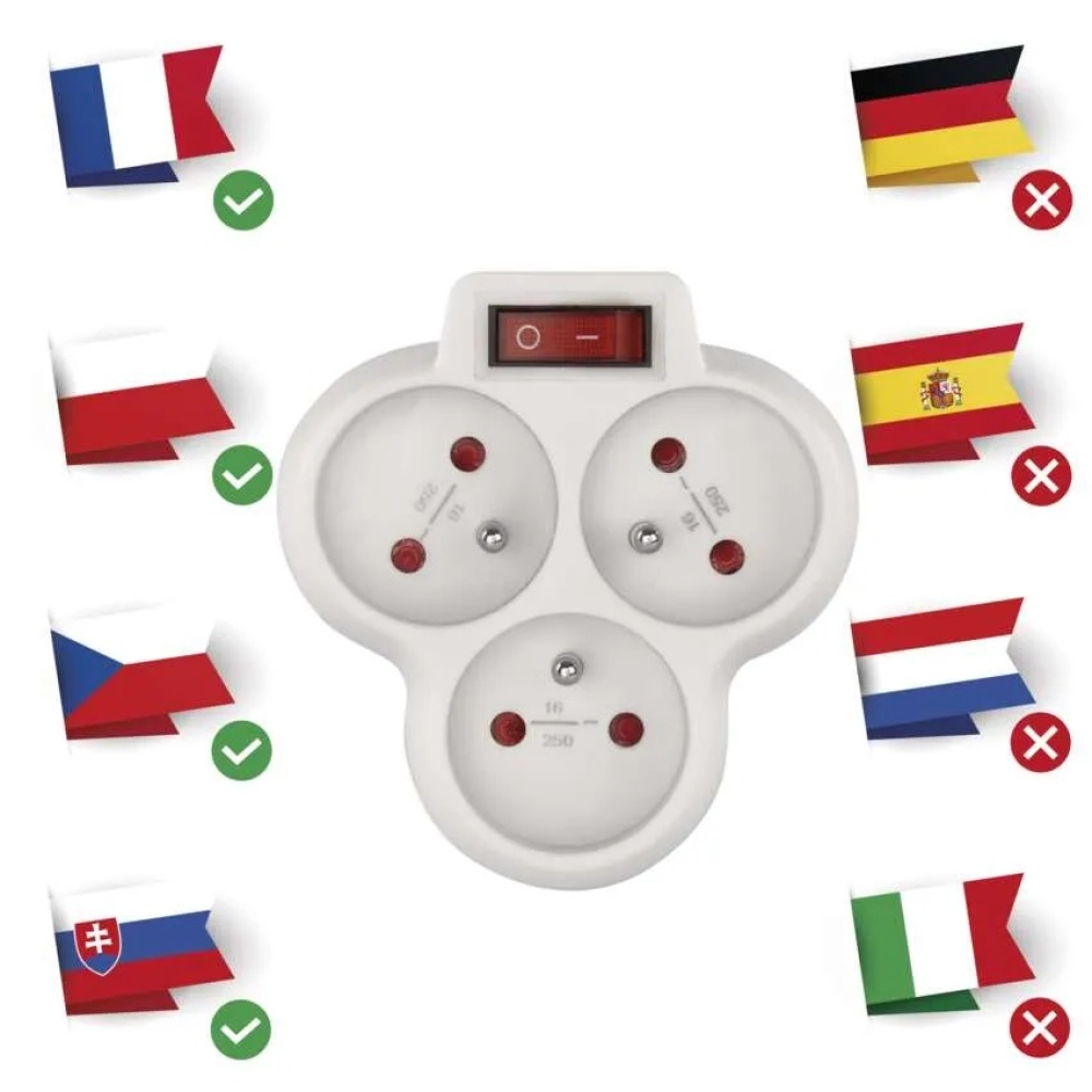 3× kerek aljzat kapcsolóval - fehér