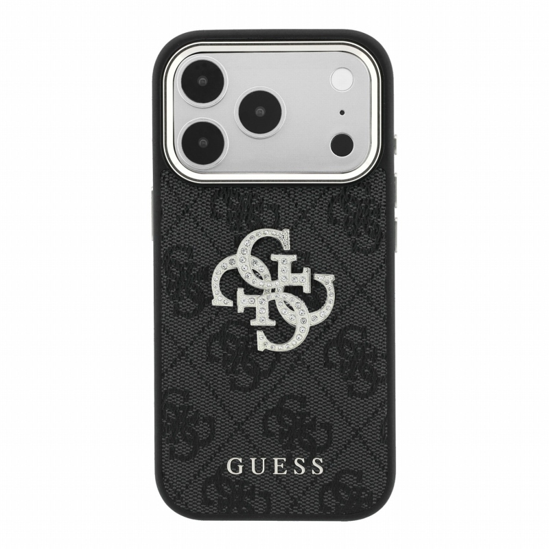 Guess PU 4G Strass Metal Logo hátsó tok iPhone 18 Pro-hoz, fekete