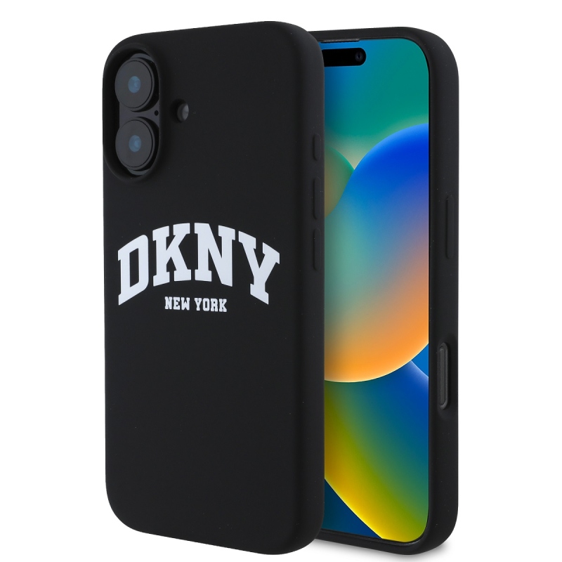 DKNY Liquid Silicone Arch Logo MagSafe hátlapi borító iPhone 16-hoz Fekete