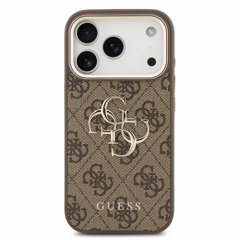 Guess PU 4G fém logós pántos hátlap az iPhone 18 Pro-hoz, barna