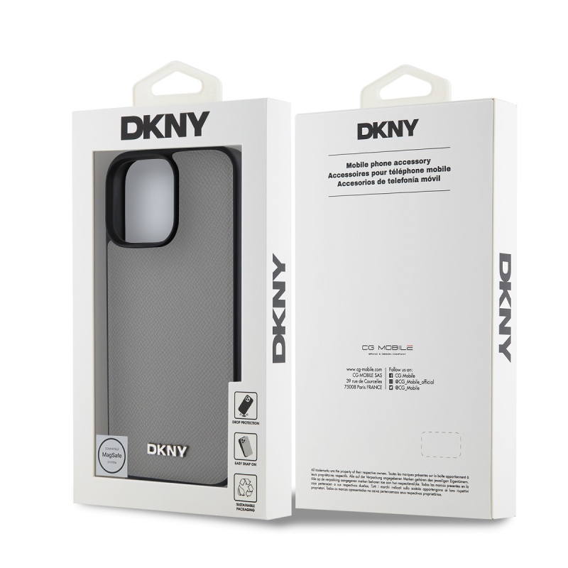 DKNY PU bőr ezüst fém logó Magsafe hátlap iPhone 16 Pro Max szürke szürkéhez