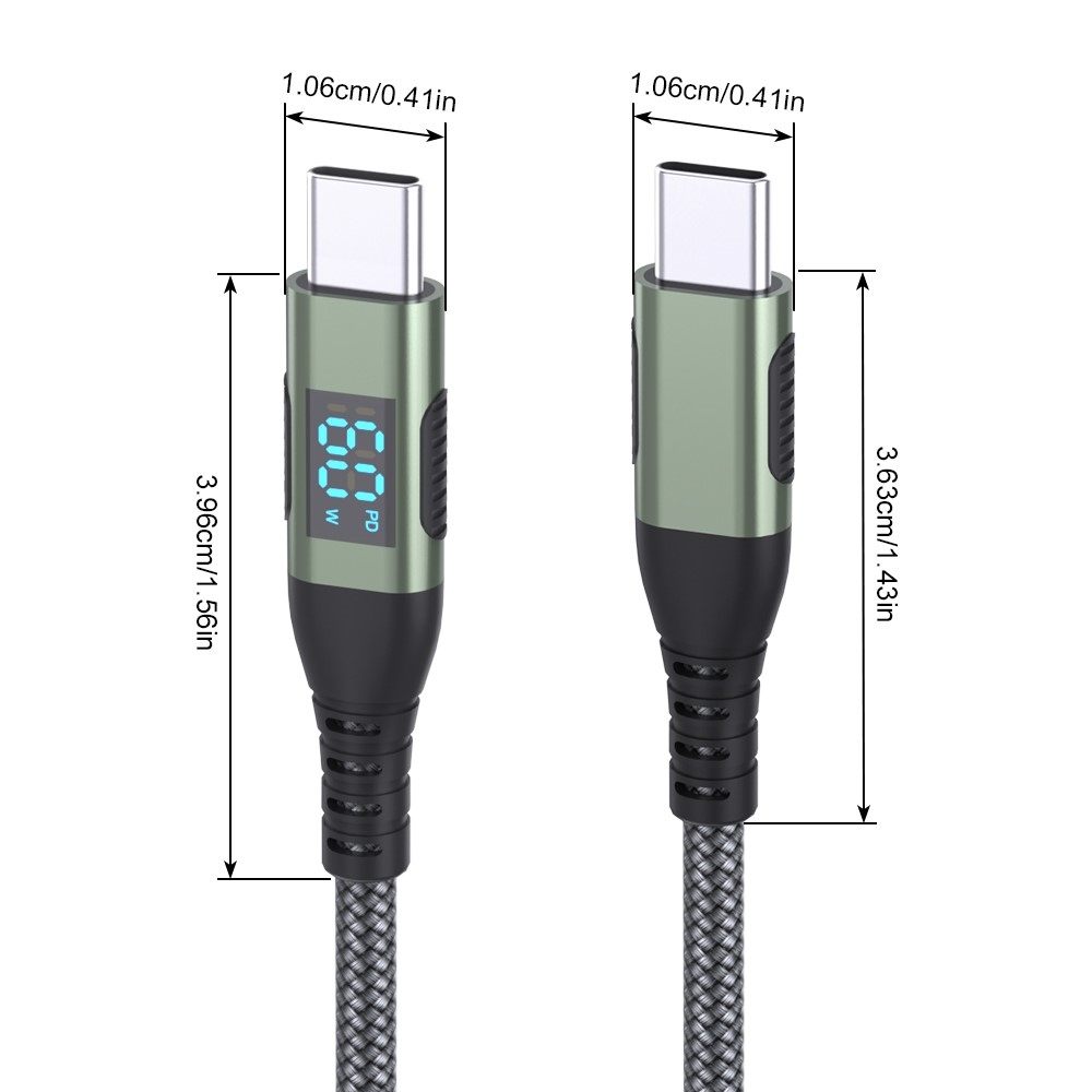 Nejlon USB-C / USB-C kijelzőkábellel 3m 60W - szürke