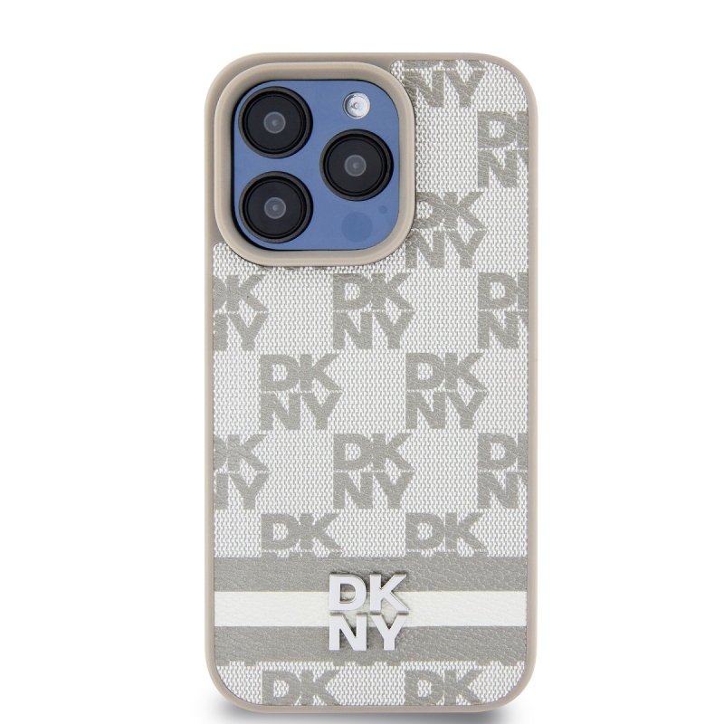 DKNY PU bőr kockás mintás és csíkos hátlapi borító iPhone 14 Pro Max bézs színűre