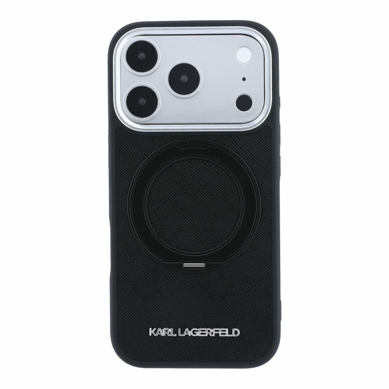 Karl Lagerfeld PU Saffiano gyűrűs állványos MagSafe hátsó tok iPhone 18 Pro-hoz, fekete