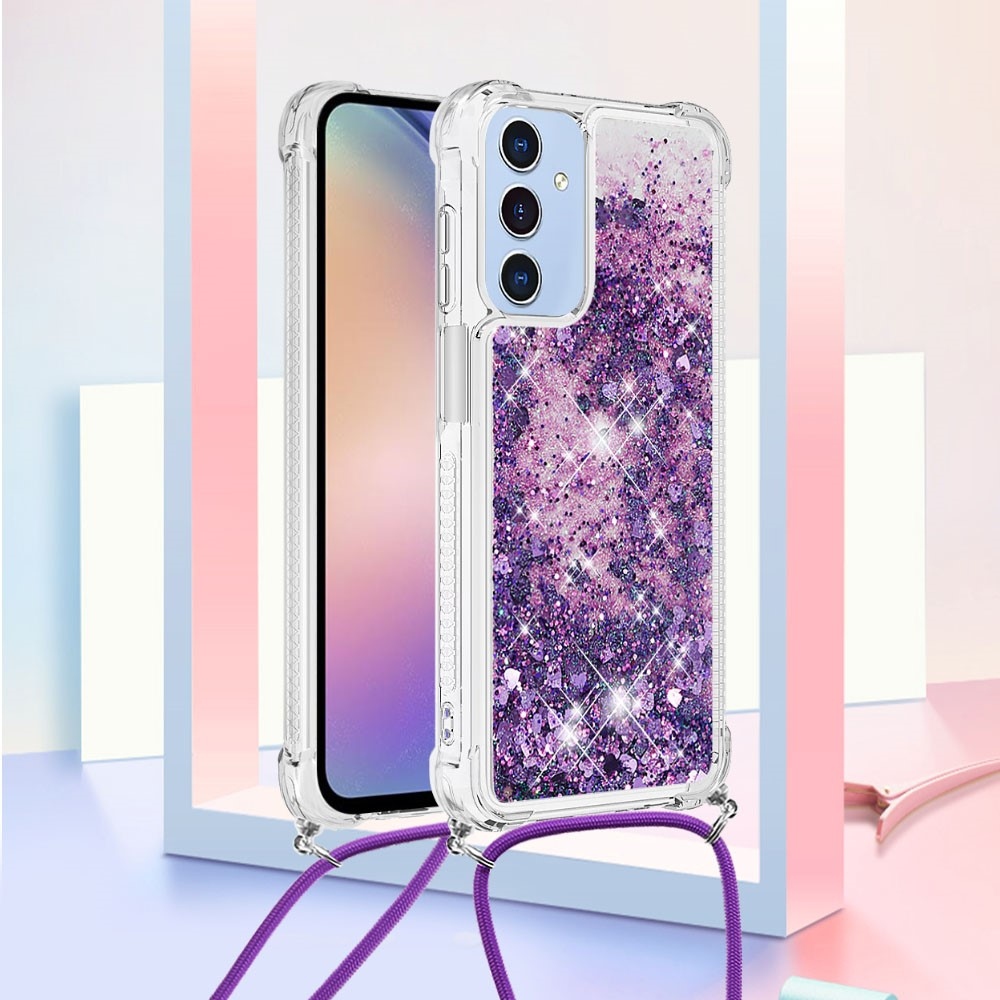 Csillogó homokóra zselés tok húzózsinórral Samsung Galaxy A26 5G - sötétlila/szív