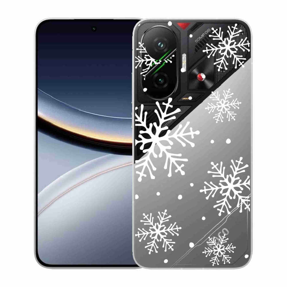 Gél borítás mmCase a Xiaomi Poco F7 5G számára - fehér pelyhek átlátszó háttéren