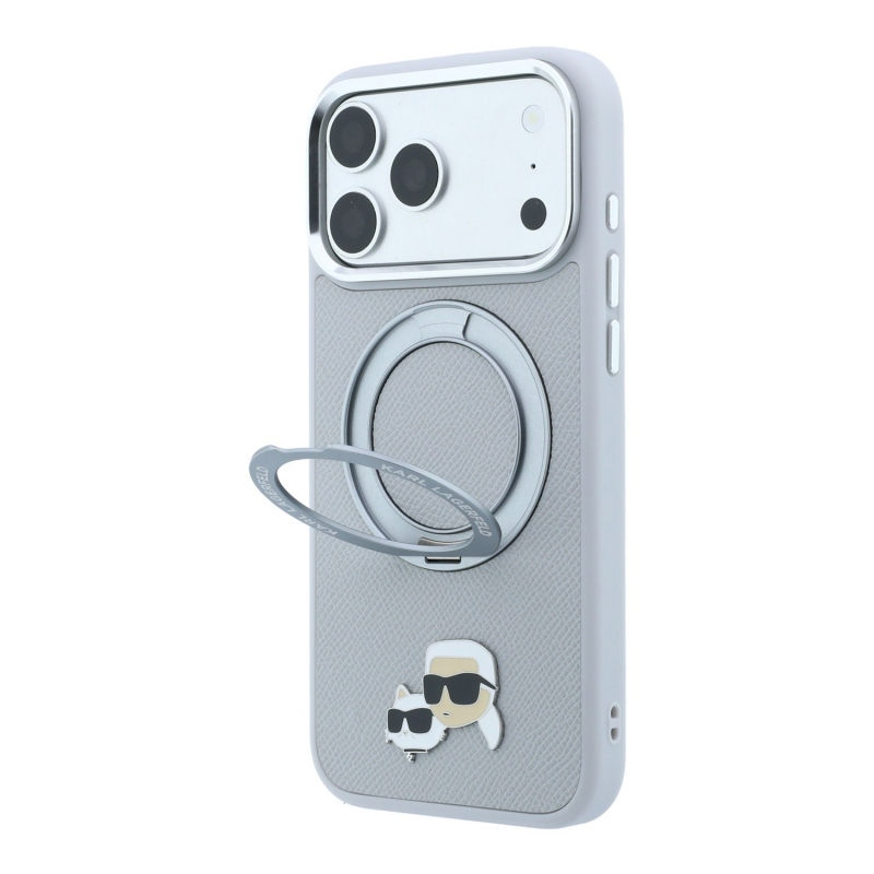 Karl Lagerfeld PU Grained K&CH Heads Ring Stand Magsafe hátsó tok iPhone 18 Pro Max-hoz, szürke