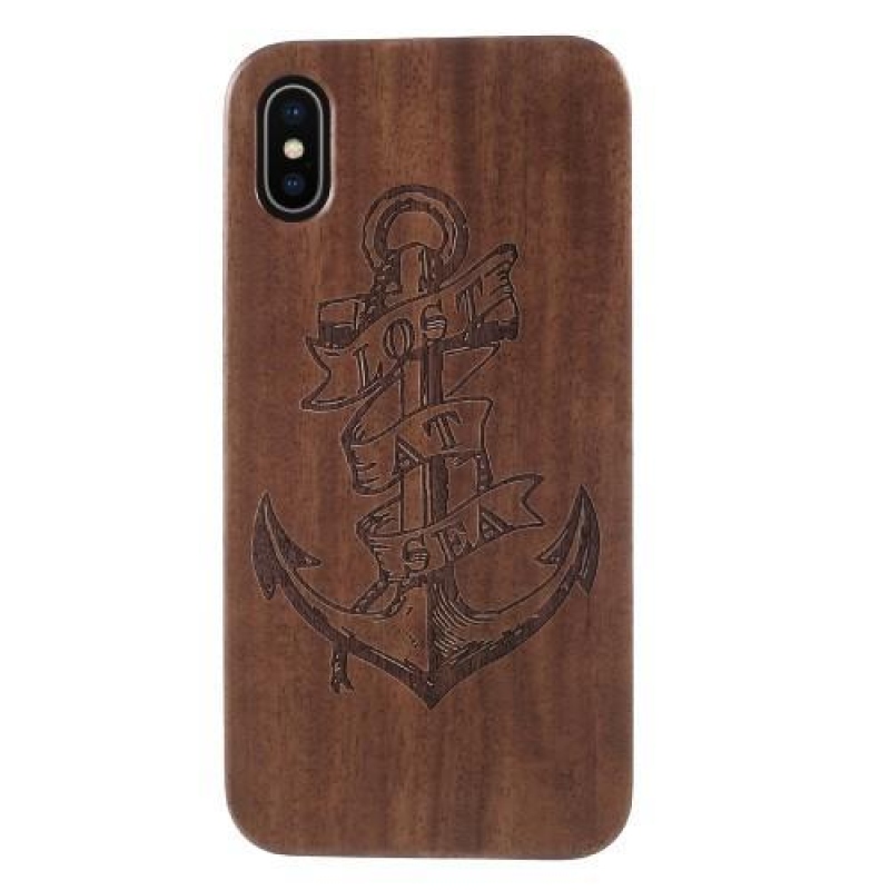 Fás műanyag tok fából készült hátlappal és égetett motívummal iPhone X készülékhez - horgony