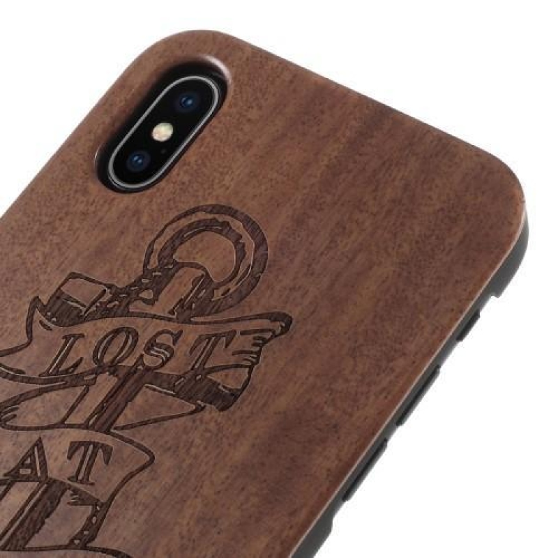 Fás műanyag tok fából készült hátlappal és égetett motívummal iPhone X készülékhez - horgony