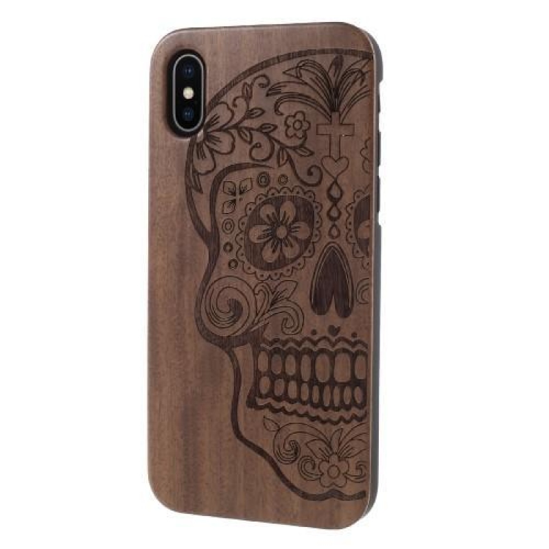 Fa műanyag tok fából készült hátlappal és égetett motívummal iPhone X készülékhez - koponya