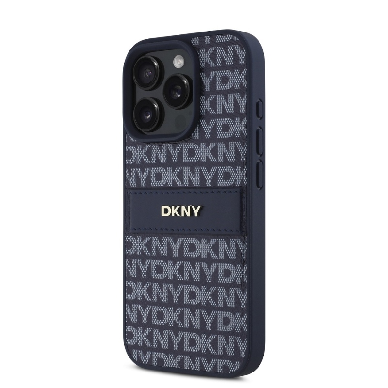 DKNY PU bőr ismétlődő mintás tonális csíkos hátlapi borító iPhone 16 Pro kékhez