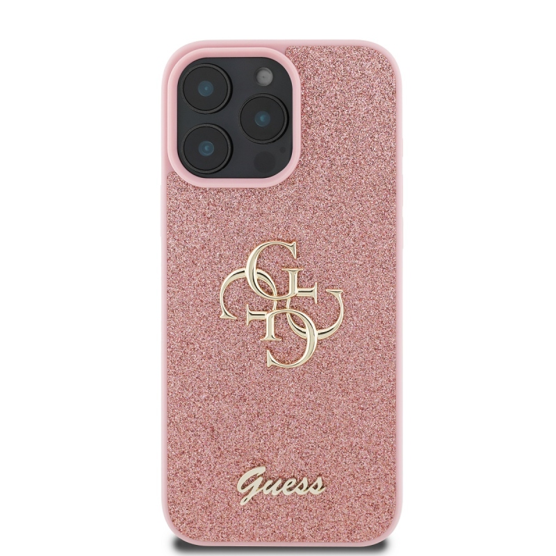 Guess PU Fixed Glitter 4G fém logó hátlap iPhone 16 Pro Max rózsaszínhez