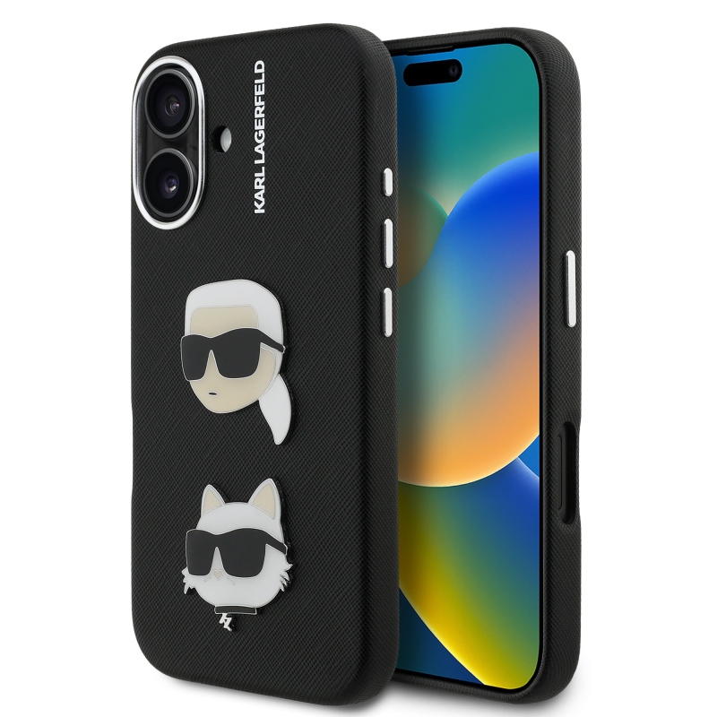 Karl Lagerfeld szemcsés PU K&CH Heads hátlap iPhone 16-hoz Fekete