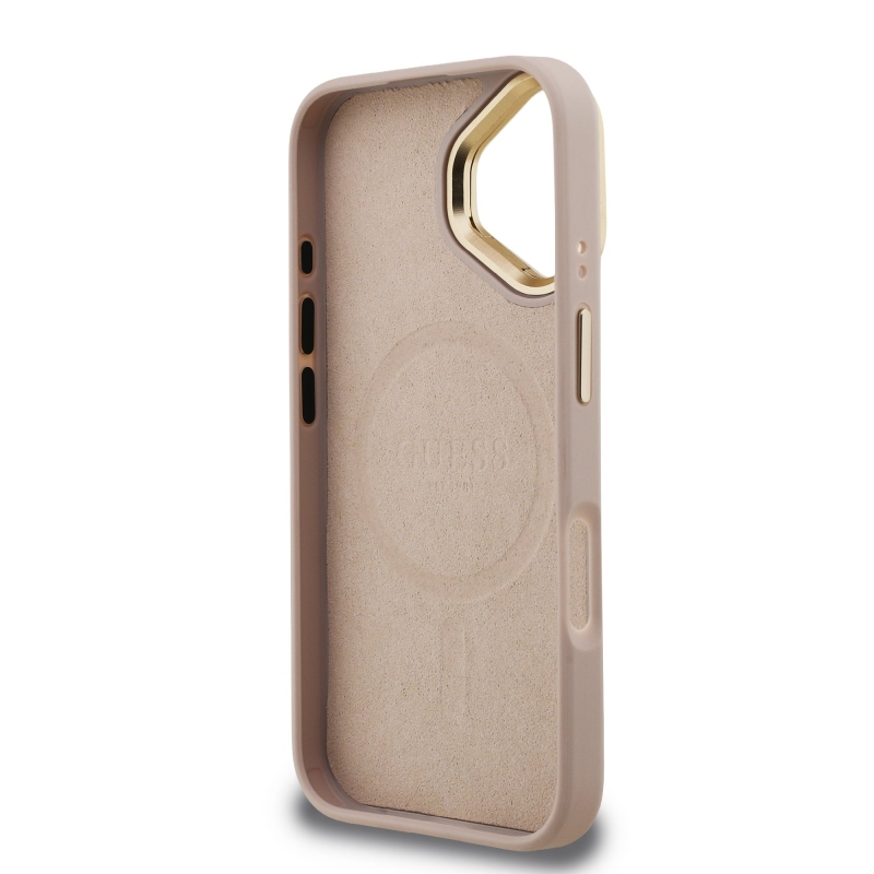 Guess PU 4G Strass háromszög logó állvány kamerakeret MagSafe hátlapi borító iPhone 16 rózsaszínhez