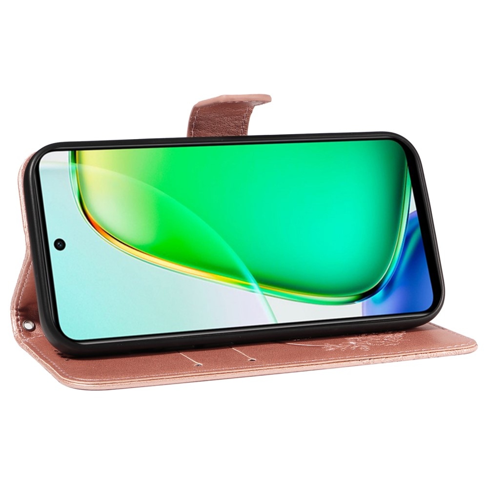 Virágos pillangó könyvtáska Vivo Y28-hoz - rózsaarany