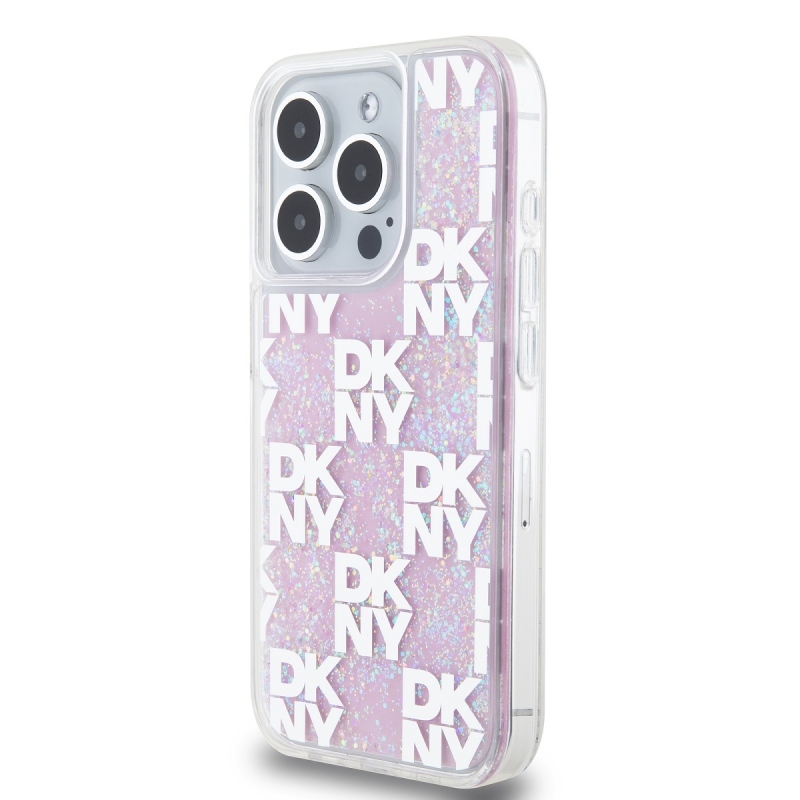 DKNY Liquid Glitter Checkered Pattern hátlapi borító iPhone 15 Pro rózsaszínhez