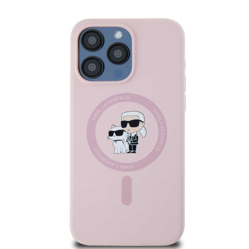 Karl Lagerfeld Folyékony szilikon Karl és Choupette Magsafe hátlap iPhone 15 Pro rózsaszínű készülékhez