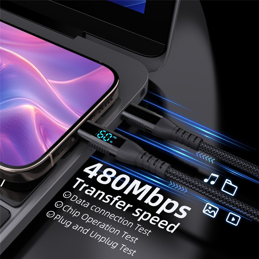 Nejlon USB-C / USB-C kijelzőkábellel 3m 60W - fekete