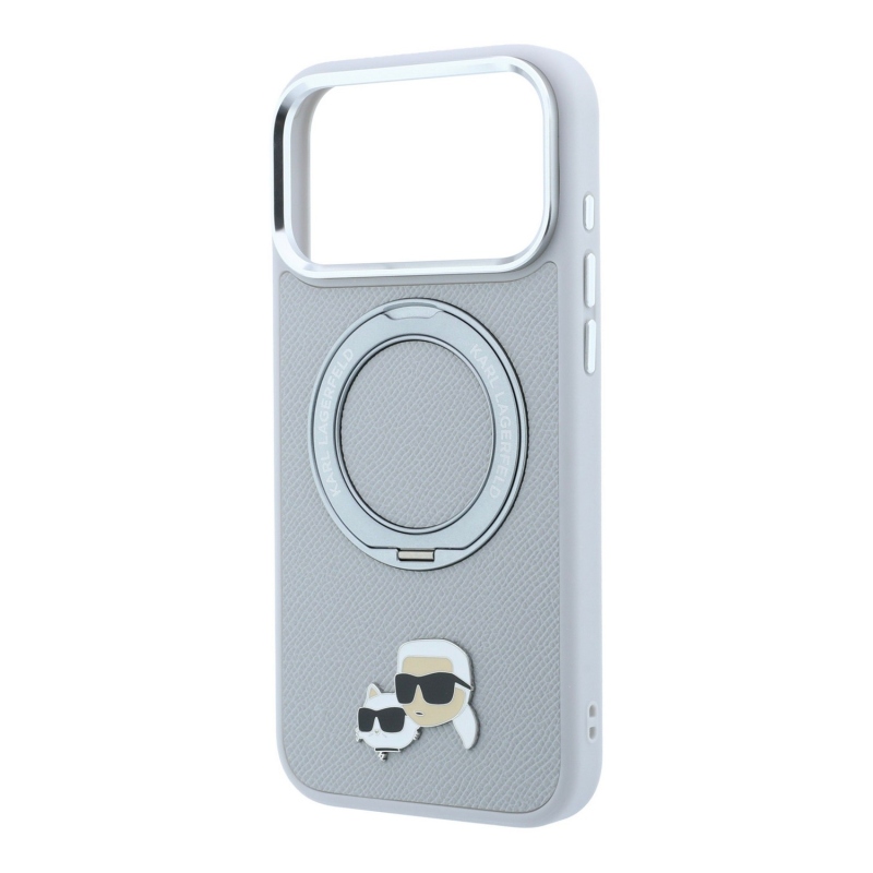 Karl Lagerfeld PU Grained K&CH Heads Ring Stand Magsafe hátsó tok iPhone 18 Pro-hoz, szürke