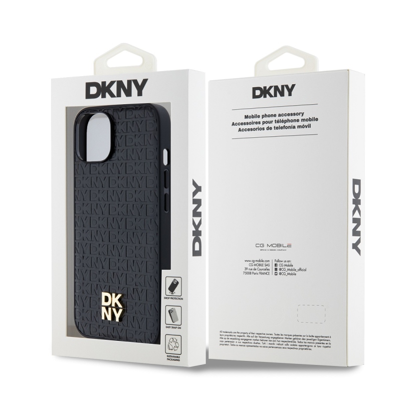 DKNY PU bőr Ismétlődő mintás Stack Logo Magsafe hátlap iPhone 15 Fekete