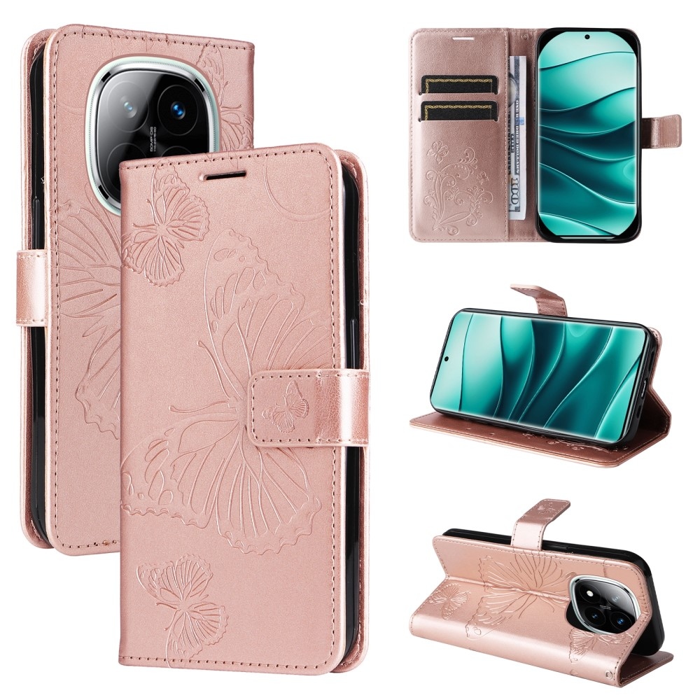 Nagy pillangó könyv tok Xiaomi Redmi Note 14 Pro 5G/Poco X7 5G/Note 14 Pro+ 5G - rózsa arany