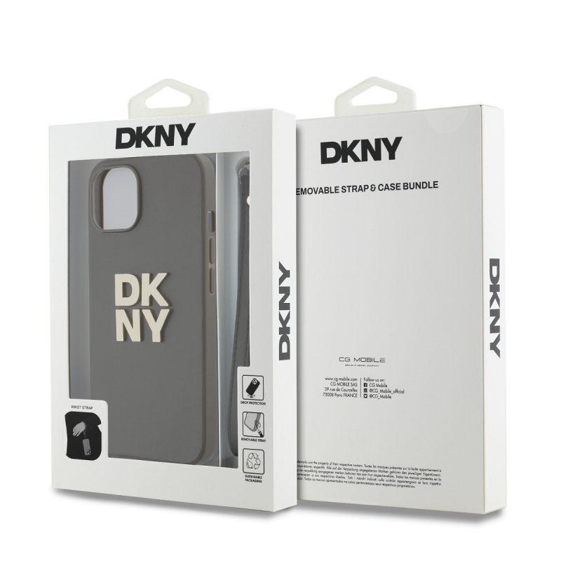 DKNY PU bőr Stack Logo csuklópánt hátlapi borító iPhone 15-hez Barna
