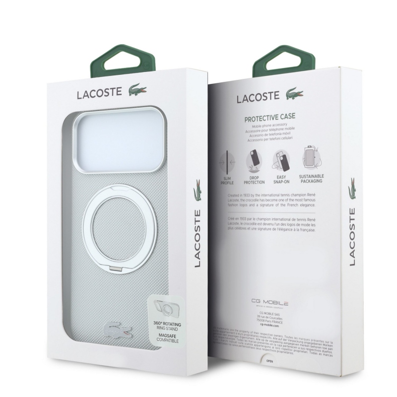 Lacoste PVC Petit Pique Semi Wrap Ring Stand MagSafe hátsó tok iPhone 18 Pro Max-hoz, világosszürke