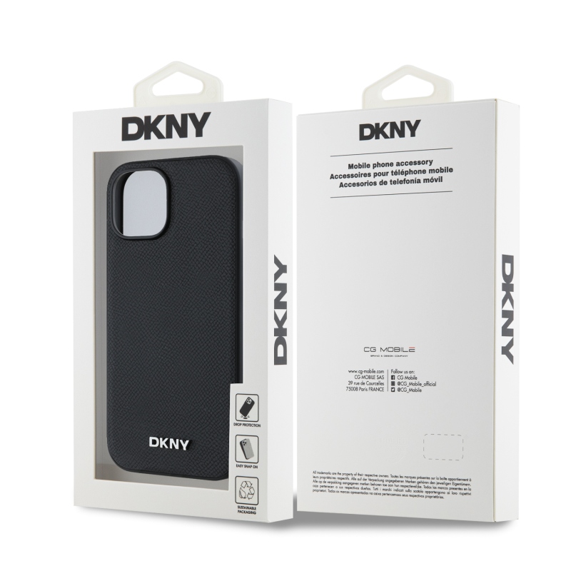 DKNY PU bőr ezüst fém logó Magsafe hátlap iPhone 15 Fekete