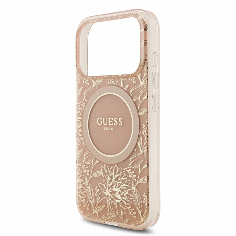 Guess IML Flowers Allover Strap MagSafe hátsó tok iPhone 18 Pro-hoz, rózsaszín