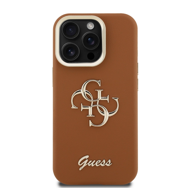 Guess PU szemcsés 4G Logo Stand Kamera keret hátlapi borító iPhone 15 Pro barna barna