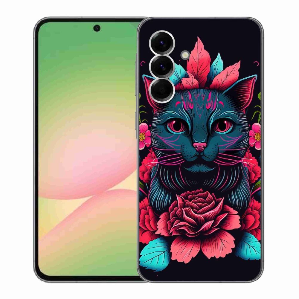 Gél borítás mmCase Samsung Galaxy A56 5G - virágok és macska
