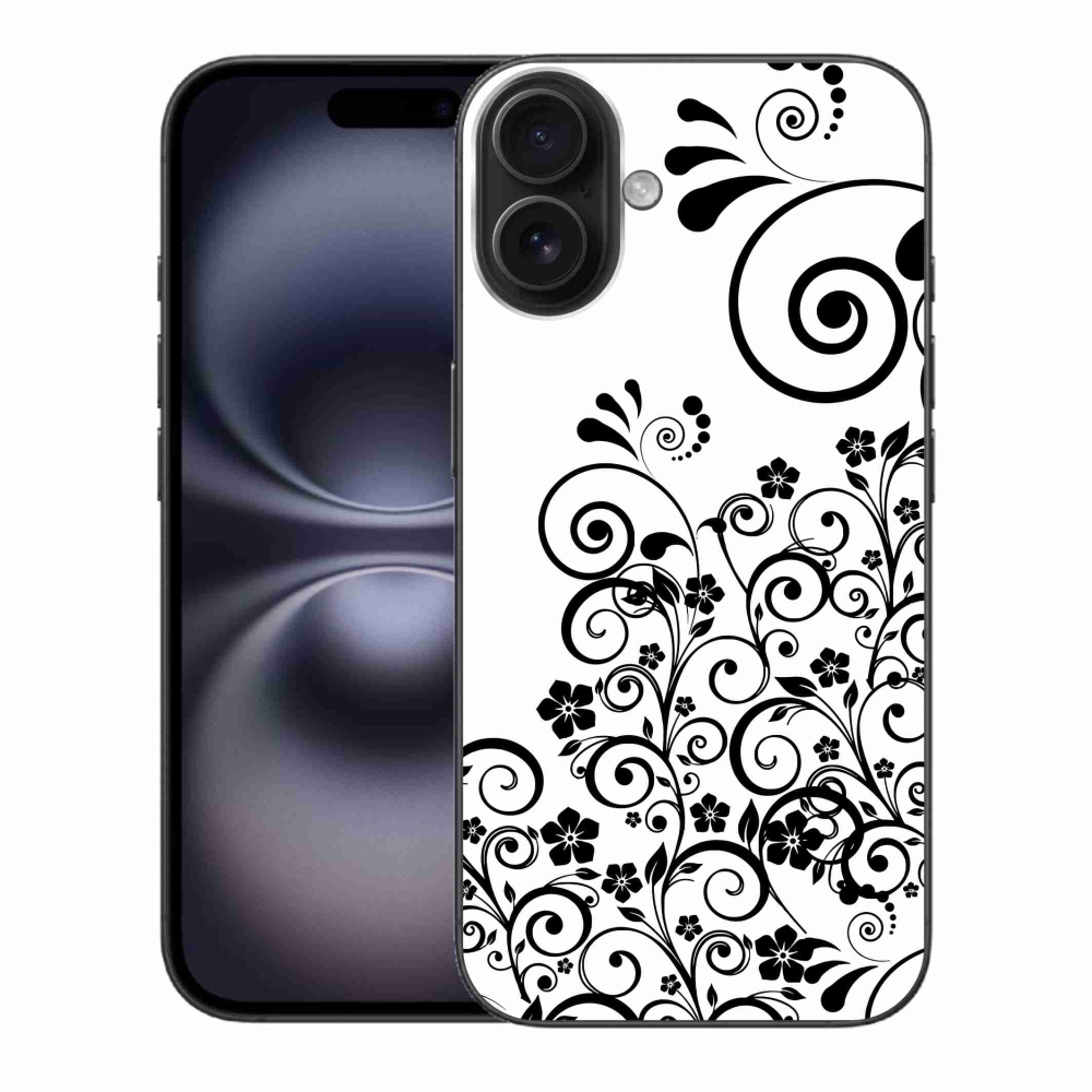 Zselés borítás mmCase iPhone 16 Plus készülékhez - fekete és fehér virágminták