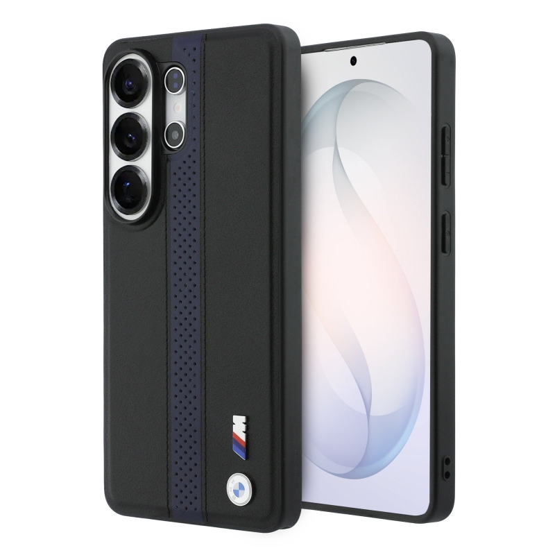 BMW M PU bőr perforált csíkok és fém logó mágneses hátlap Samsung Galaxy S26 Ultra Blue számára