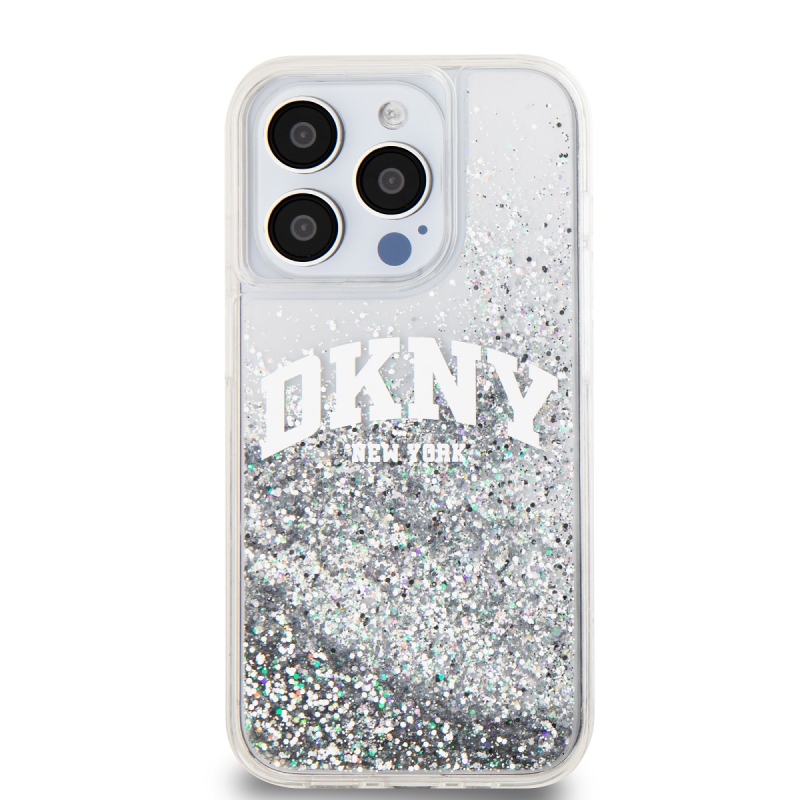 DKNY Liquid Glitter Arch Logo hátlap iPhone 15 Pro-hoz Átlátszó