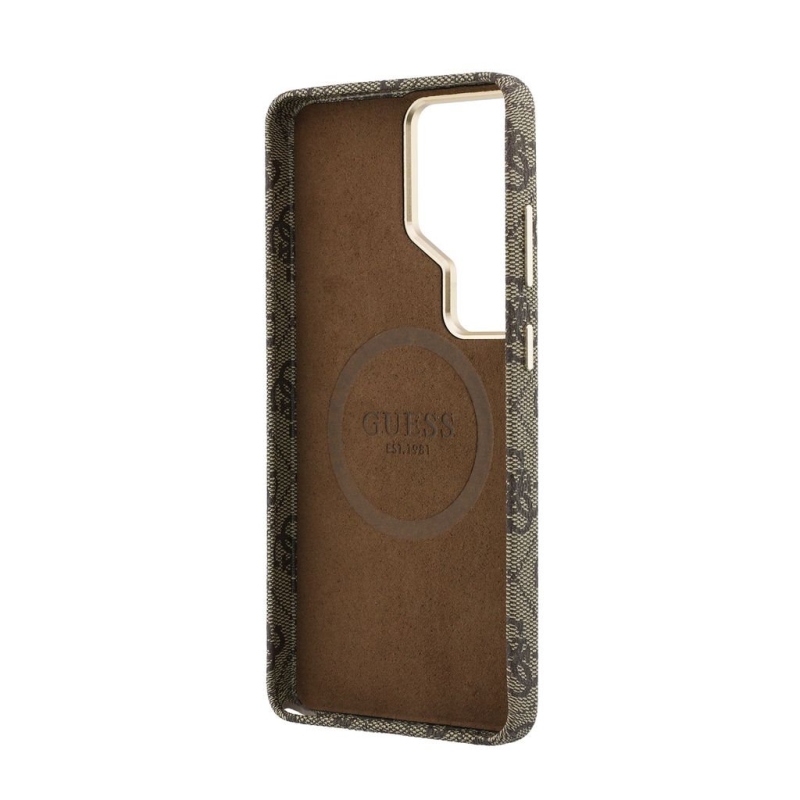 Guess PU 4G Script Metal Logo mágneses hátlap Samsung Galaxy S26 Ultra Brown mágneses hátlap Samsung Galaxy S26 Ultra Barna