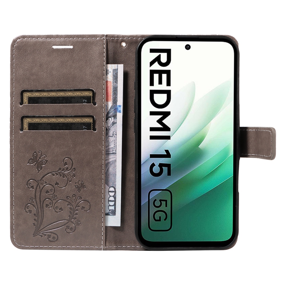 Nagy pillangó könyv tok Xiaomi Redmi 15 4G (171mm) - szürke