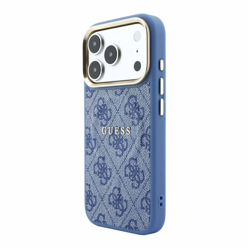 Guess PU bőr 4G aranykeretes, dombornyomott MagSafe hátsó tok iPhone 18 Pro-hoz, kék