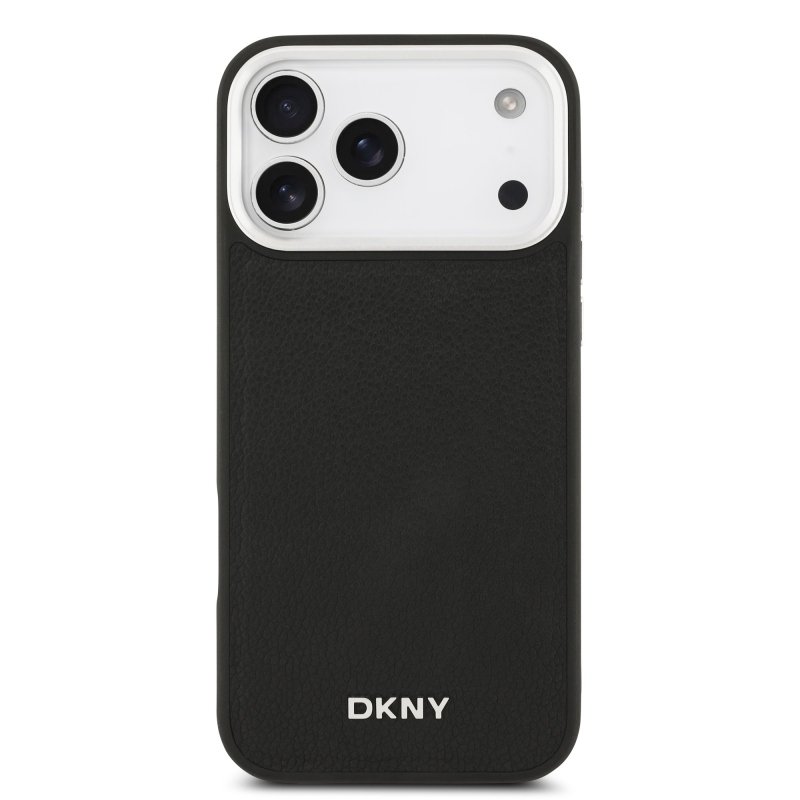 DKNY PU bőr fém logós csuklólánc MagSafe hátlap iPhone 17 Pro Max fekete színűre