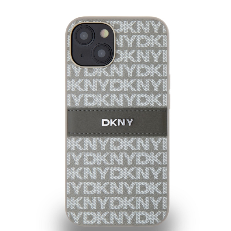 DKNY PU bőr ismétlődő mintás tonális csíkos hátlapi borító iPhone 14 bézs színű készülékhez